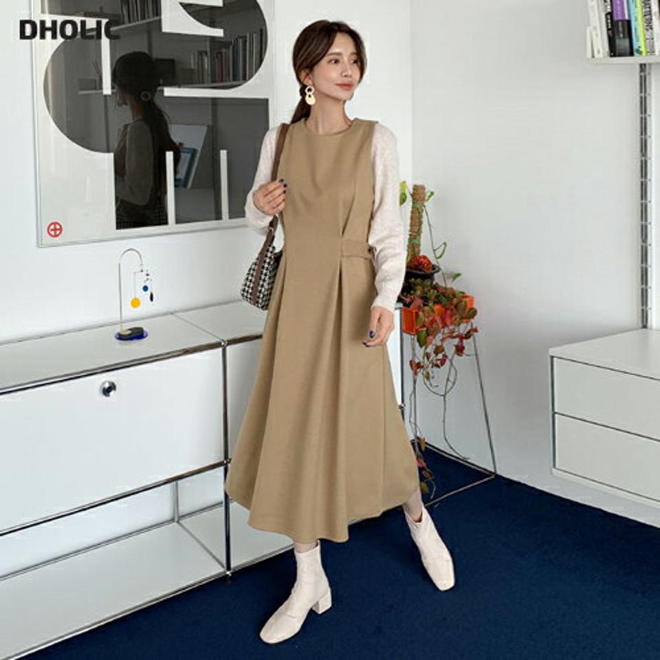 即日配送 ノースリボタンフレアワンピース・全3色・t63260 レディース 【ops】韓国ファッション ワンピース ロングワンピース ノースリ ラウンドネック ボタン フレア ロング丈 ウール混 無地 シンプル 体型カバー カジュアル フェミニン 秋 冬