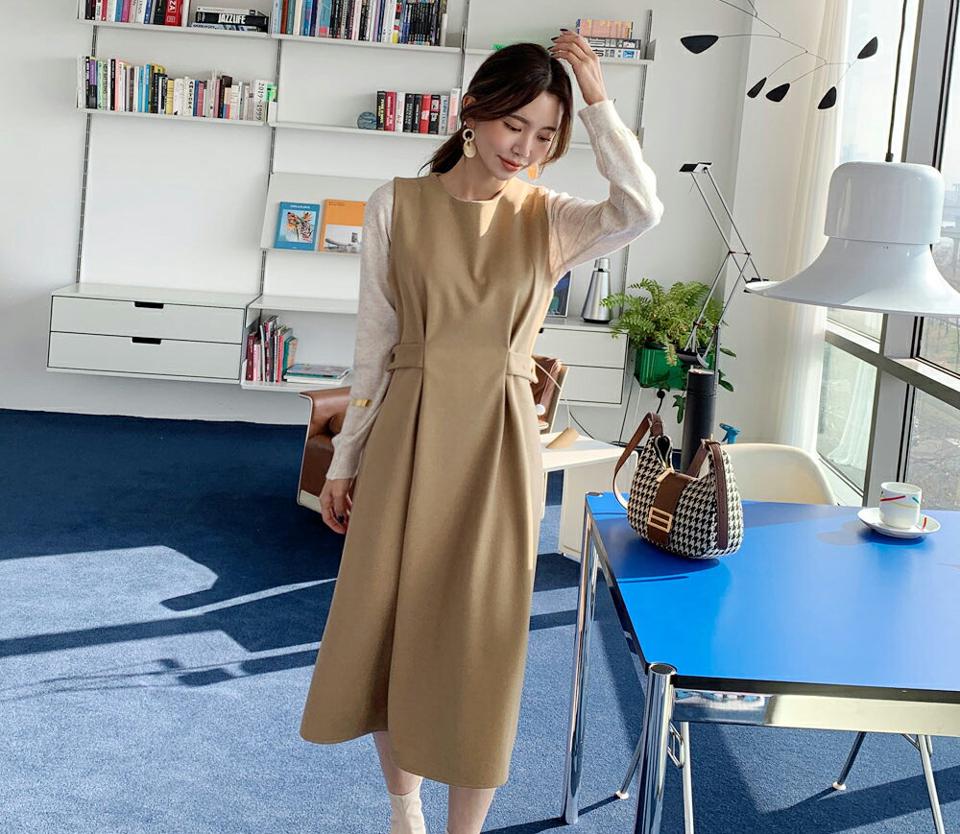 即日配送 ノースリボタンフレアワンピース・全3色・t63260 レディース 【ops】韓国ファッション ワンピース ロングワンピース ノースリ ラウンドネック ボタン フレア ロング丈 ウール混 無地 シンプル 体型カバー カジュアル フェミニン 秋 冬