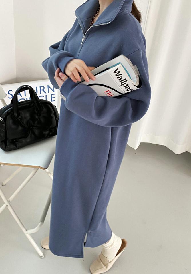 裏起毛ハーフジップロングワンピース・全3色・b00417 レディース 【ops】ワンピース ロング丈 ロングワンピ—ス ハーフジップ 裏起毛 長袖 単色 無地 シンプル ラフ カジュアル Iライン スウェット 体型カバー 冬 韓国ファッション ハイホリHIHOLLI