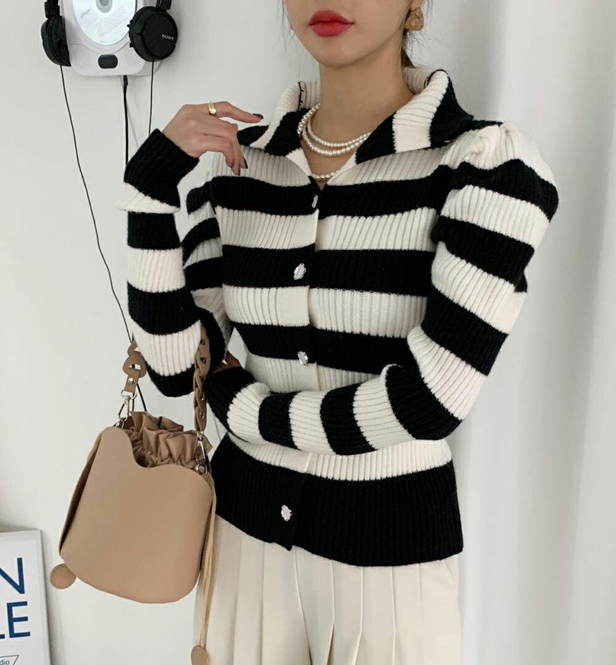 【マラソン特価】2TYPEパフショルダーボタンニット・全4色・b00415 レディース 【tops】トップス ニット 長袖 ボーダー柄 単色 無地 シンプル パフショルダー パフ袖 ポロ襟 カジュアル ハイネック 大人 ラフ 秋 冬 韓国ファッション ハイホリHIHOLLI