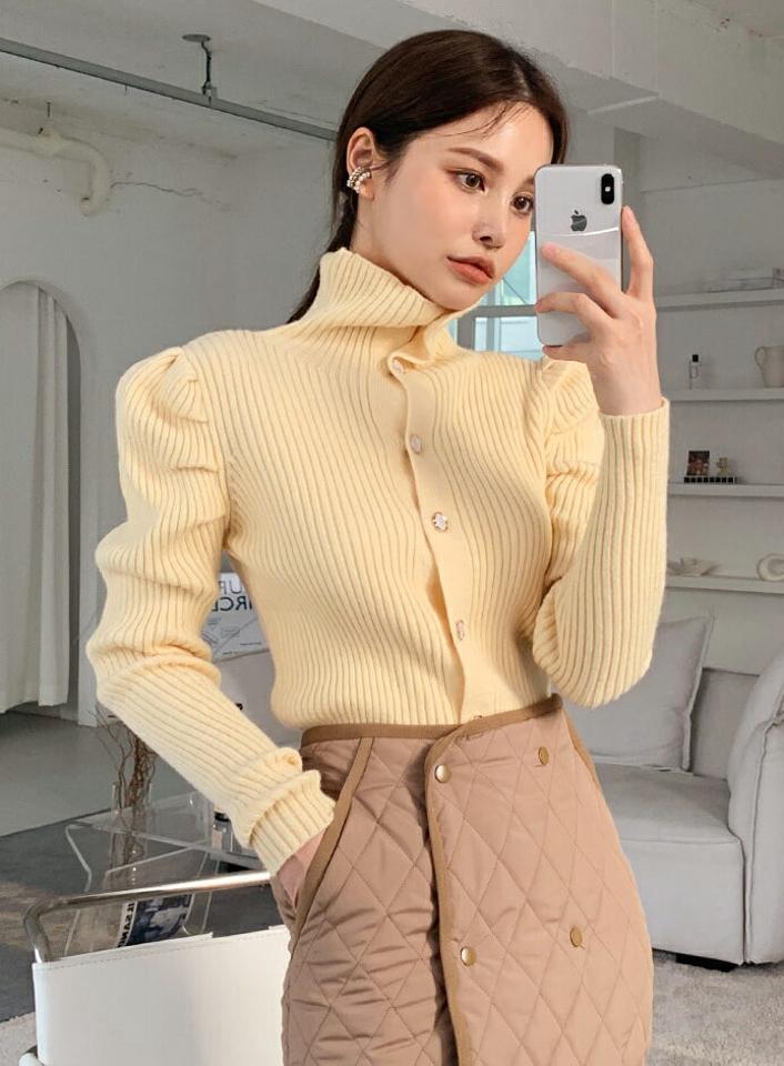 【マラソン特価】2TYPEパフショルダーボタンニット・全4色・b00415 レディース 【tops】トップス ニット 長袖 ボーダー柄 単色 無地 シンプル パフショルダー パフ袖 ポロ襟 カジュアル ハイネック 大人 ラフ 秋 冬 韓国ファッション ハイホリHIHOLLI