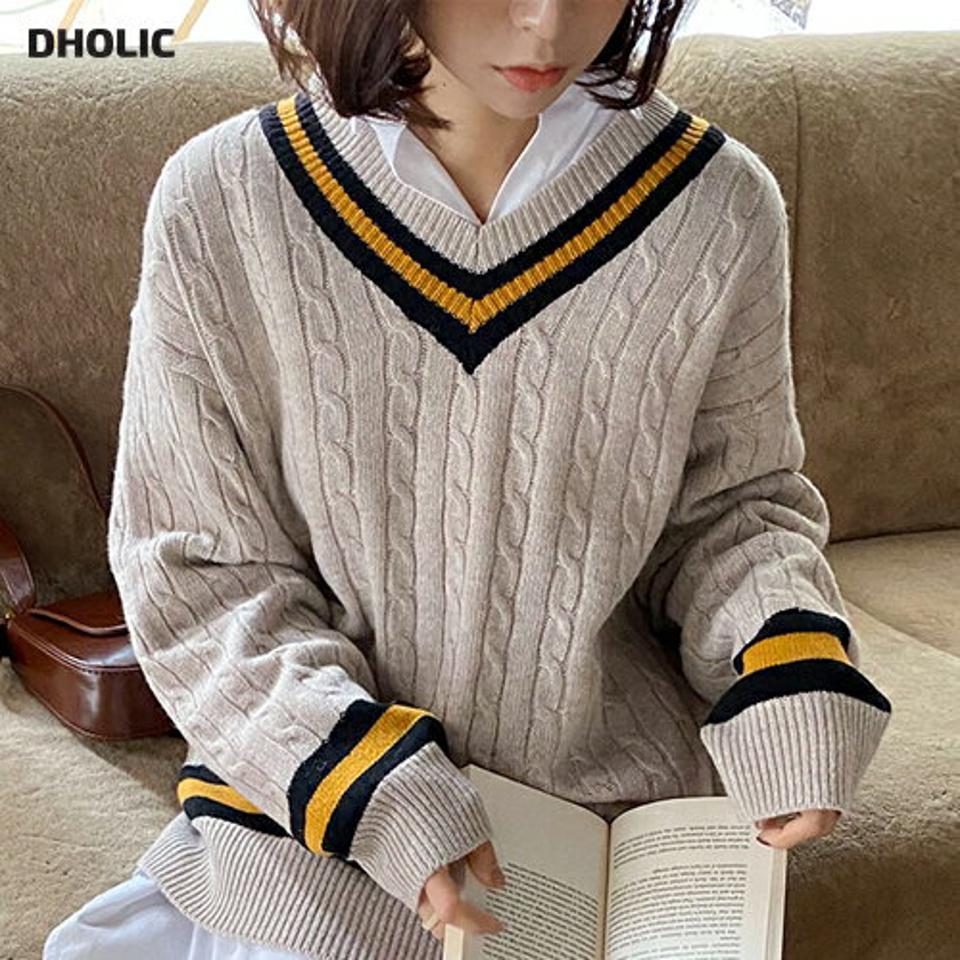 【只今10%OFF】配色Vネックロングニット・全5色・t63259 レディース 【tops】韓国ファッション トップス ニット 大人 長袖 Vネック 配色 ロングニット ロング丈 ウール混 ケーブル編み ドロップショルダー シンプル 体型カバー フェミニン カジュアル 秋 冬【ニットセール】