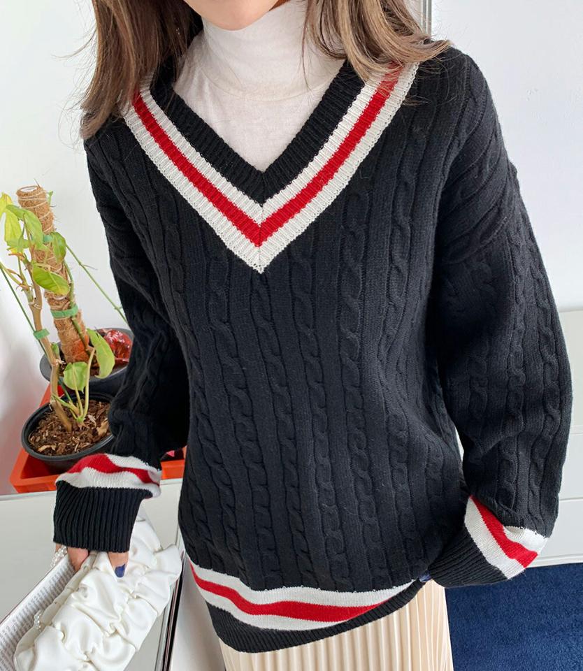 【只今10%OFF】配色Vネックロングニット・全5色・t63259 レディース 【tops】韓国ファッション トップス ニット 大人 長袖 Vネック 配色 ロングニット ロング丈 ウール混 ケーブル編み ドロップショルダー シンプル 体型カバー フェミニン カジュアル 秋 冬【ニットセール】