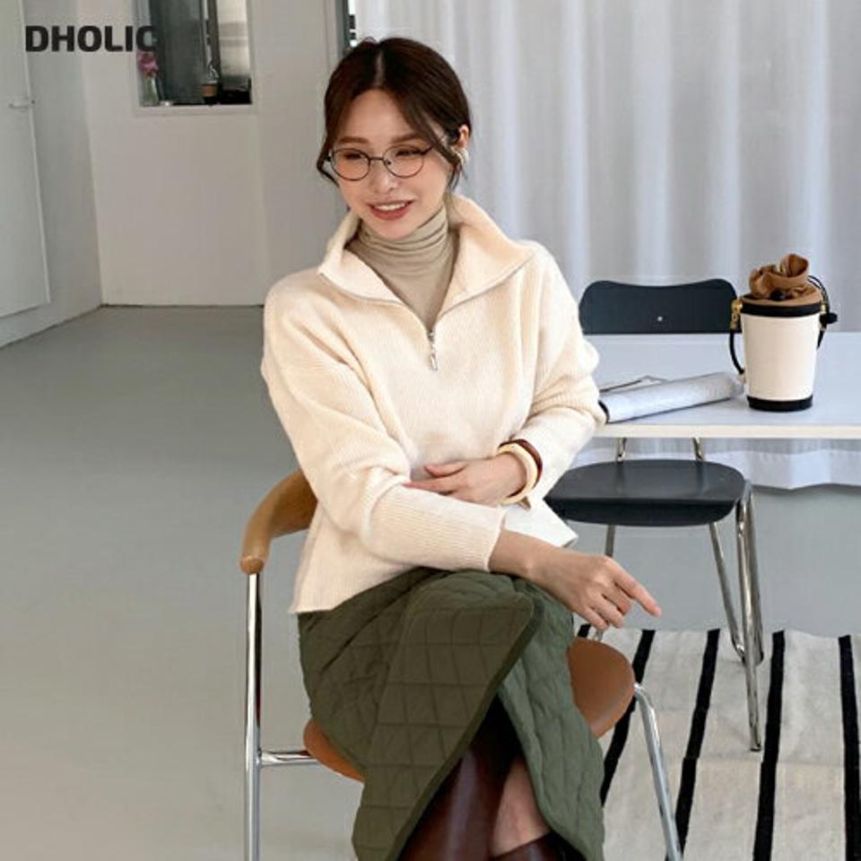 ハーフジップリブニット・全4色・t00414 レディース 【tops】トップス ニット 長袖 ハーフジップ リブトップス 単色 無地 シンプル ハイネック カジュアル ラフ 大人 トレンド 秋 冬 韓国ファッション ハイホリHIHOLLI