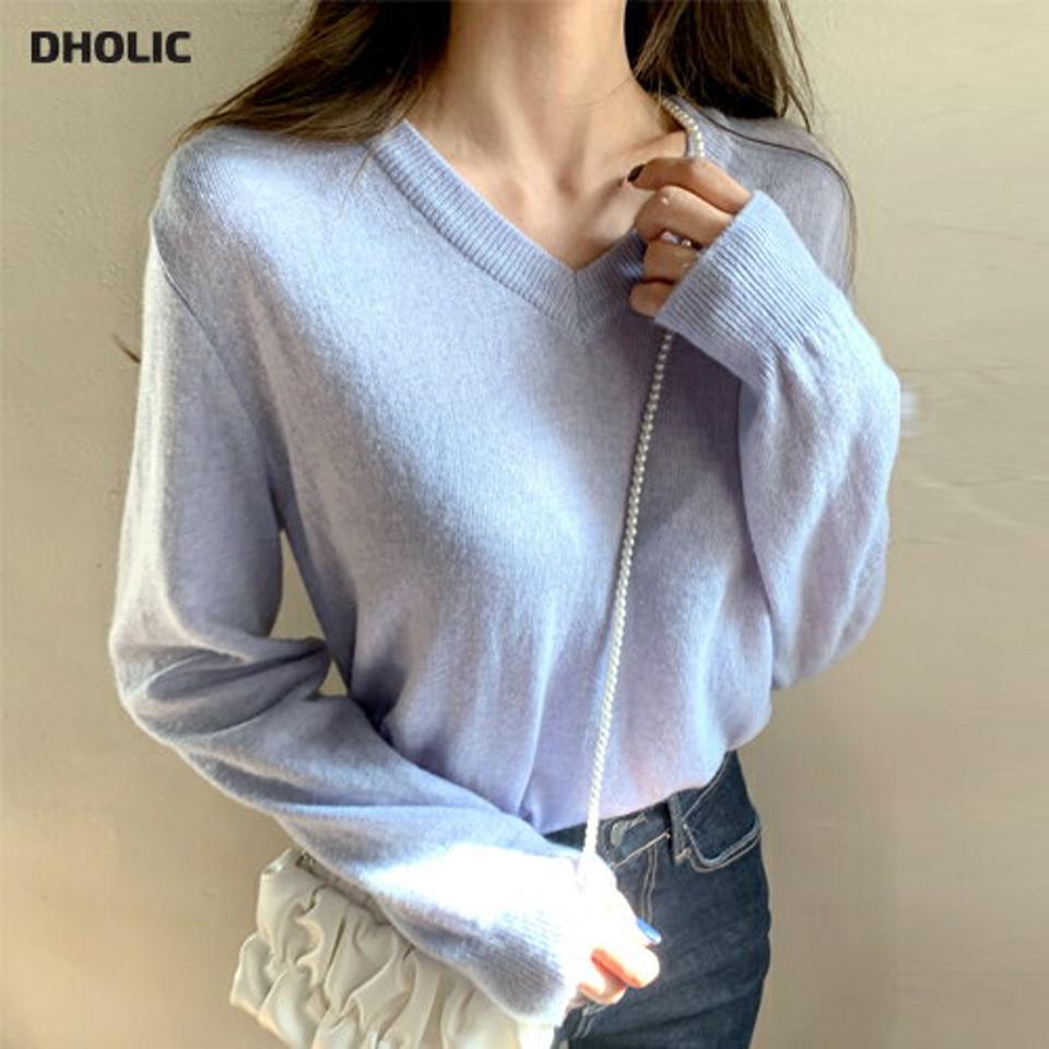Vネックニット・全8色・t63257 レディース 【tops】韓国ファッション トップス ニット 年上 大人 長袖 Vネック ルーズ カラーニット 無地 ベーシック シンプル フェミニン カジュアル 秋 冬