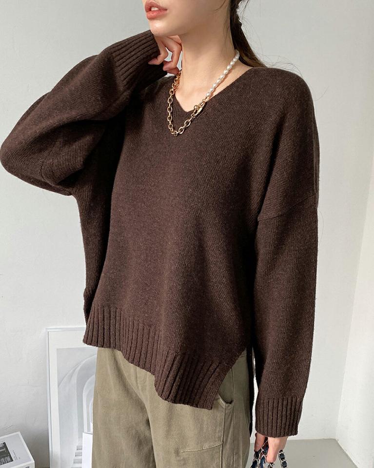 【只今10%OFF】Vネックアンバランスニット・全8色・t00443 レディース 【tops】トップス ニット 長袖 ニットトップス アンバランス Vネック　単色 無地 シンプル ベーシック ウール カジュアル ラフ 大人 秋 冬 韓国ファッション ハイホリHIHOLLI【ニットセール】