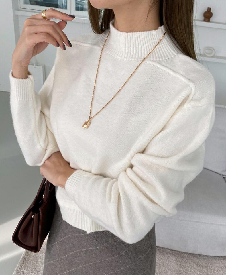 ハーフネックアンバランスクロップドニット・全3色・b00410 レディース 【tops】トップス ニット クロップド丈 長袖 短丈 アンバランス ハーフネック シンプル カジュアル 大人 ラフ ラグランスリーブ 秋 冬 韓国ファッション ハイホリHIHOLLI
