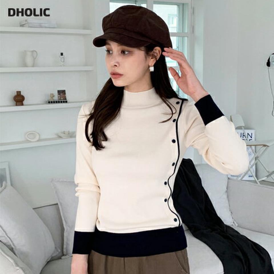 【マラソン特価】ボタンラインハーフネックニット・全2色・t00439 レディース 【tops】トップス ニット 長袖 ハーフネック ボタン シンプル 大人 カジュアル ニットトップス 秋 冬 韓国ファッション ハイホリHIHOLLI セール