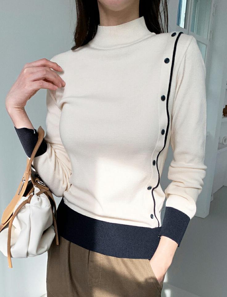 【マラソン特価】ボタンラインハーフネックニット・全2色・t00439 レディース 【tops】トップス ニット 長袖 ハーフネック ボタン シンプル 大人 カジュアル ニットトップス 秋 冬 韓国ファッション ハイホリHIHOLLI セール