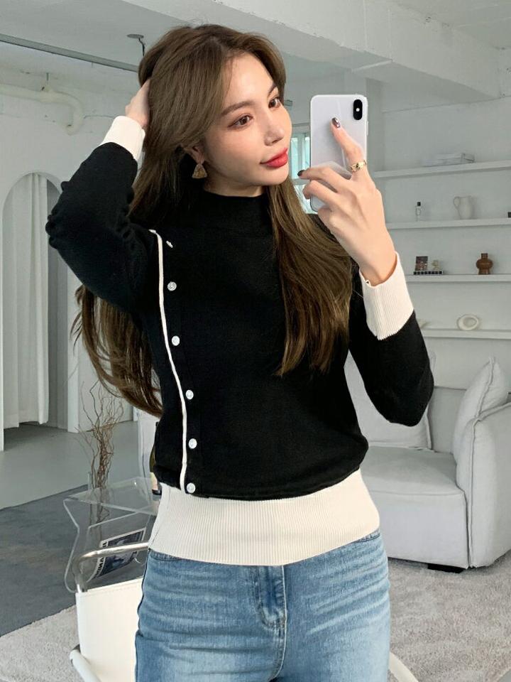 【マラソン特価】ボタンラインハーフネックニット・全2色・t00439 レディース 【tops】トップス ニット 長袖 ハーフネック ボタン シンプル 大人 カジュアル ニットトップス 秋 冬 韓国ファッション ハイホリHIHOLLI セール