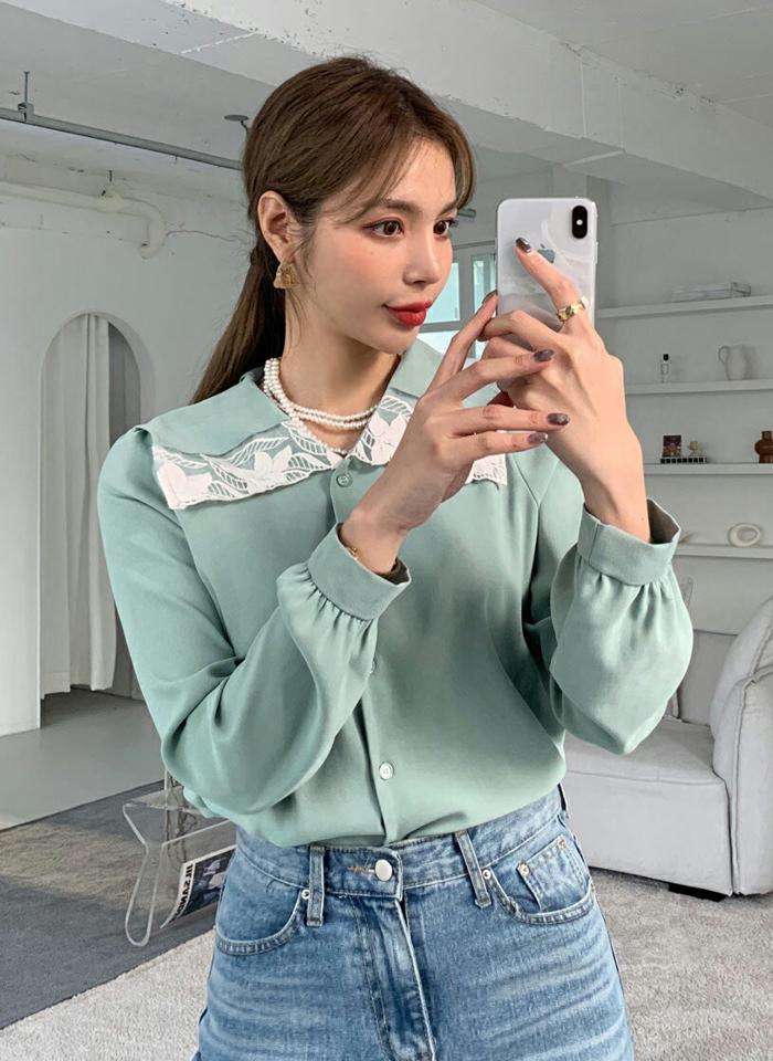 レースセーラーカラーブラウス・全3色・b00408 レディース 【bl】トップス ブラウス 長袖 レース フェミニン セーラーカラー 大人 きれいめ 上品 かわいい Vネック 秋 冬 韓国ファッション ハイホリHIHOLLI