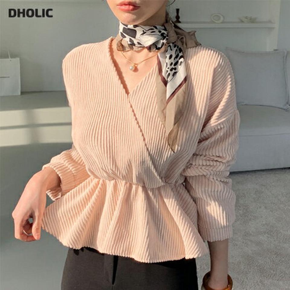 コーデュロイVネックフレアブラウス・全4色・t00407 レディース 【bl】トップス ブラウス フレアトップス Vネック 長袖 単色 無地 シンプル 大人 かわいい カジュアル 秋 冬 韓国ファッション ハイホリHIHOLLI