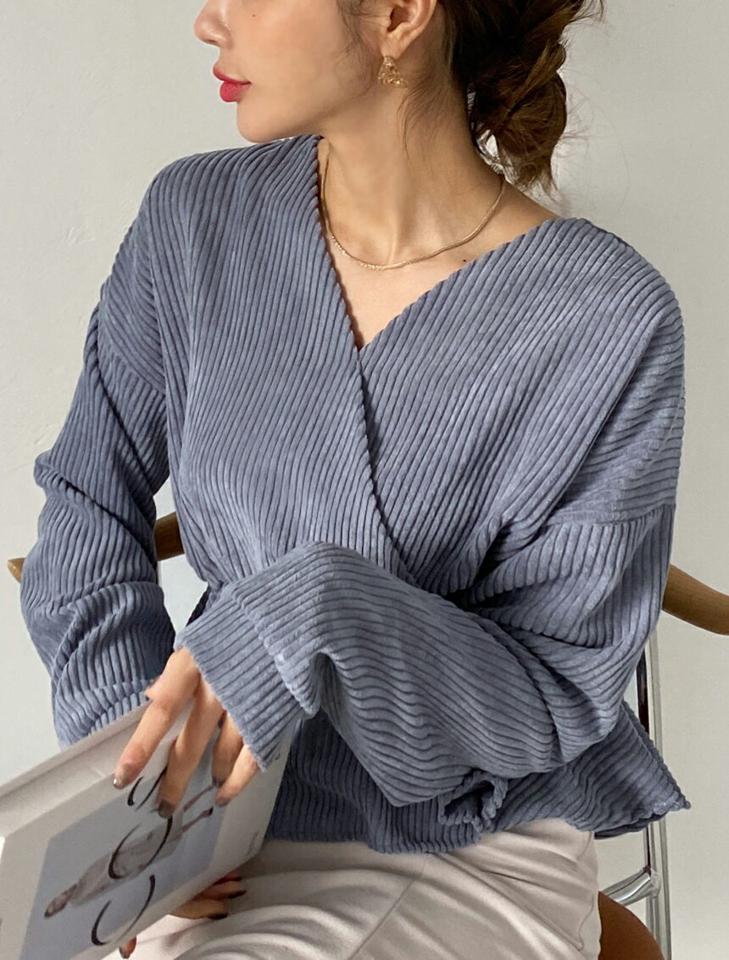 コーデュロイVネックフレアブラウス・全4色・t00407 レディース 【bl】トップス ブラウス フレアトップス Vネック 長袖 単色 無地 シンプル 大人 かわいい カジュアル 秋 冬 韓国ファッション ハイホリHIHOLLI