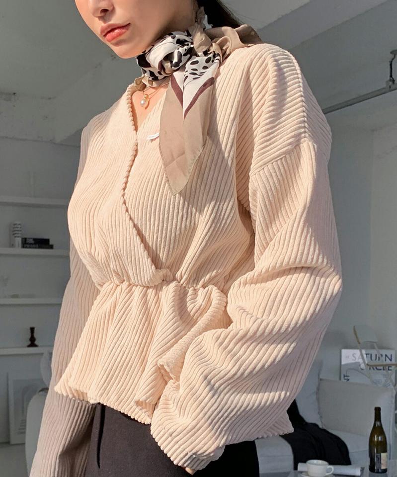 コーデュロイVネックフレアブラウス・全4色・t00407 レディース 【bl】トップス ブラウス フレアトップス Vネック 長袖 単色 無地 シンプル 大人 かわいい カジュアル 秋 冬 韓国ファッション ハイホリHIHOLLI