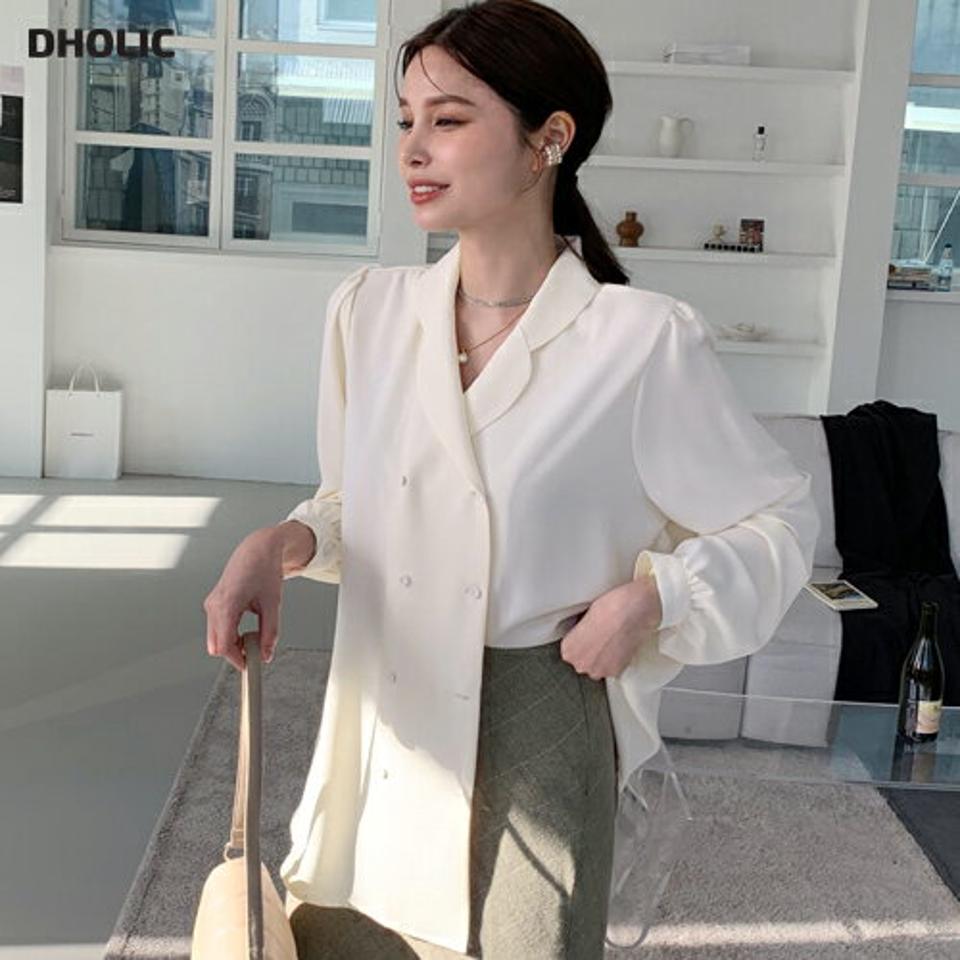 ダブルボタンショールカラーブラウス・全3色・t00406 レディース 【bl】トップス ブラウス 長袖 ショールカラー 単色 無地 シンプル 上品 フェミニン きれいめ 秋 冬 韓国ファッション ハイホリHIHOLLI