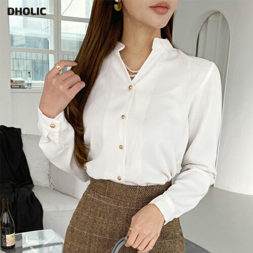 Vネックゴールドボタンブラウス・全3色・b00405 レディース 【bl】トップス ブラウス 長袖 ゴールドボタン Vネック 単色 無地 シンプル 大人 オフィスカジュアル バンドカラー 秋 冬 韓国ファッション ハイホリHIHOLLI