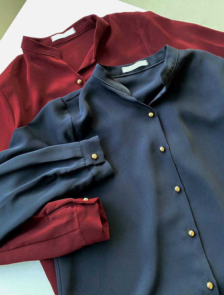 Vネックゴールドボタンブラウス・全3色・b00405 レディース 【bl】トップス ブラウス 長袖 ゴールドボタン Vネック 単色 無地 シンプル 大人 オフィスカジュアル バンドカラー 秋 冬 韓国ファッション ハイホリHIHOLLI