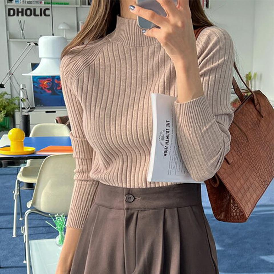 【送料無料】ハーフネックリブニット・全5色・t63246 レディース 【tops】韓国ファッション トップス ニット 大人 長袖 ハーフネック スリム リブ 無地 ベーシック シンプル 体型カバー フェミニン もちもち カジュアル 秋 冬 人気