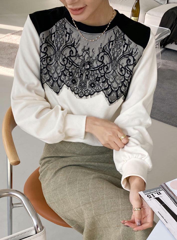レース配色スウェット・全3色・t00403 レディース 【tops】トップス スウェット トレーナー 長袖 レース 大人 配色 ユニーク 秋 冬 韓国ファッション ハイホリHIHOLLI