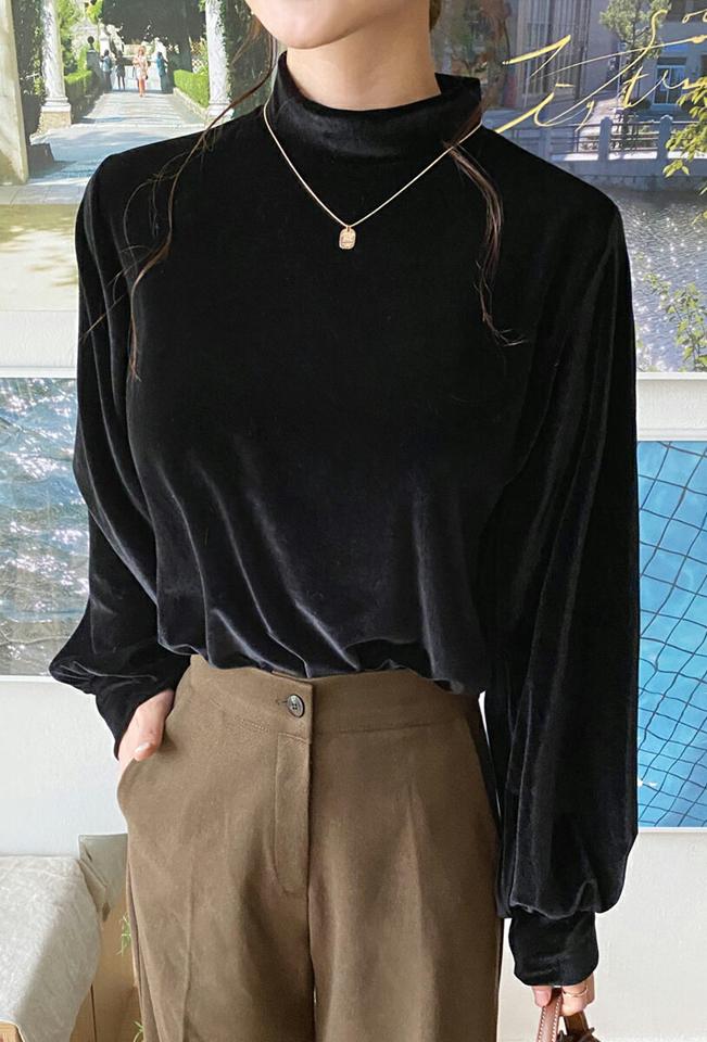 ハーフネックベルベットTシャツ・全2色・t65741 レディース 【tops】韓国ファッション トップス Tシャツ 大人 長袖 ハーフネック ベルベット ベロア ギャザー 無地 ベーシック シンプル ルーズ 体型カバー フェミニン カジュアル 秋 冬