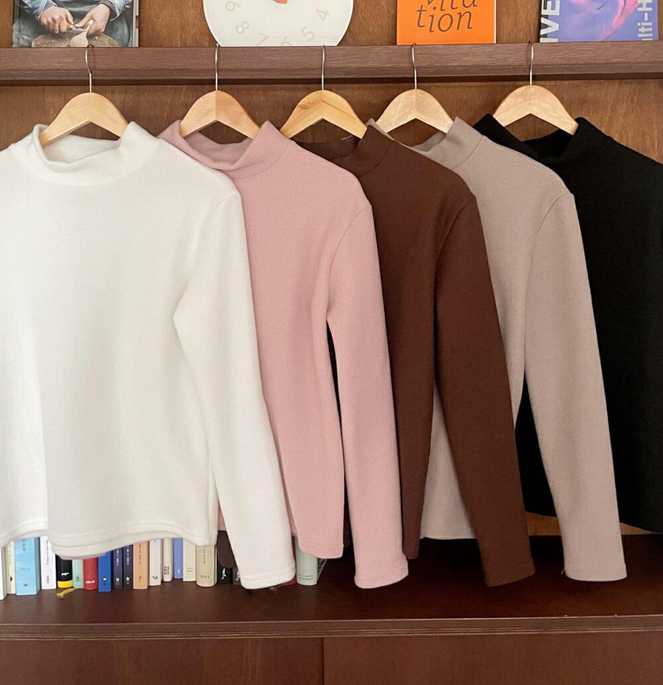 起毛ハーフネックTシャツ・全5色・t65743 レディース 【tops】韓国ファッション トップス Tシャツ 大人 長袖 ハーフネック 起毛 ドロップショルダー 無地 ベーシック シンプル スリム 体型カバー デイリー フェミニン カジュアル 秋 冬
