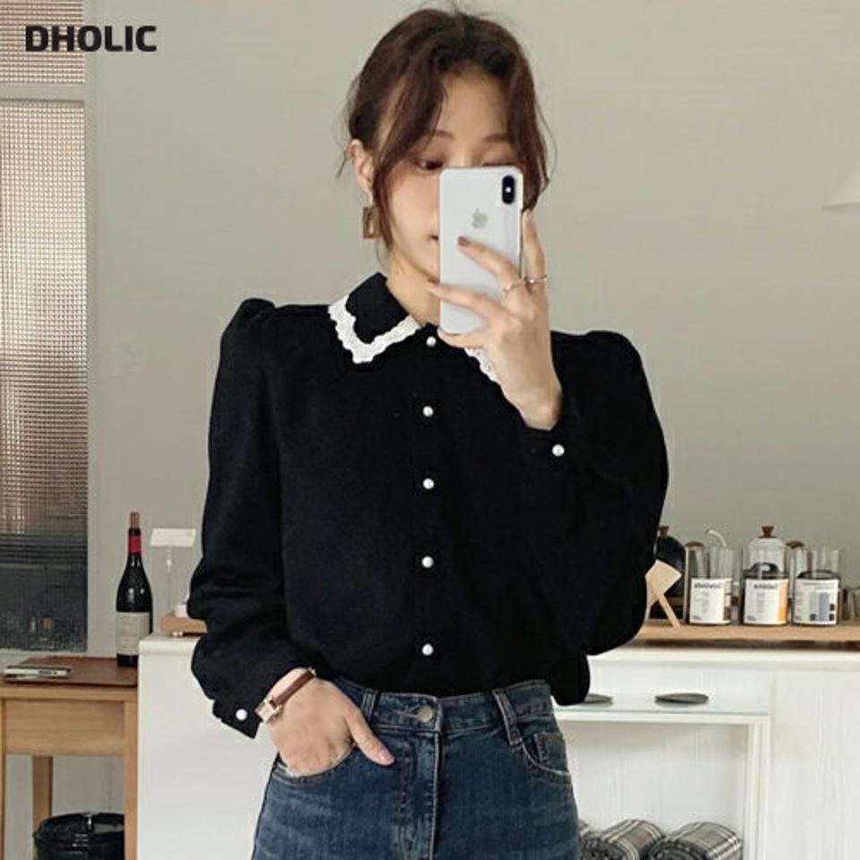 レースカラーパフブラウス・全4色・b65744 レディース 【bl】韓国ファッション トップス ブラウス 長袖 カラーネック レースカラー パフスリーブ ギャザー シンプル 大人 体型カバー カジュアル フェミニン 秋 冬