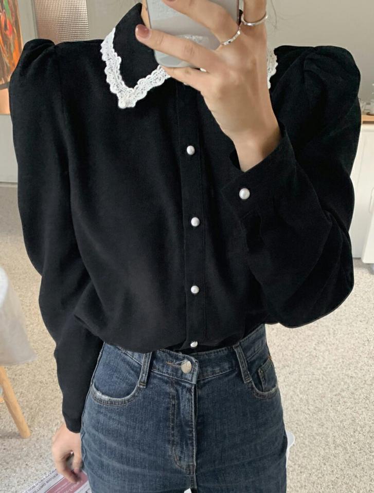 レースカラーパフブラウス・全4色・b65744 レディース 【bl】韓国ファッション トップス ブラウス 長袖 カラーネック レースカラー パフスリーブ ギャザー シンプル 大人 体型カバー カジュアル フェミニン 秋 冬