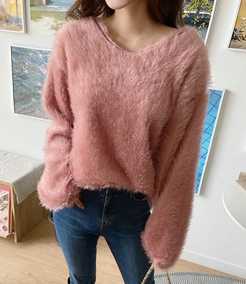 2WAYフェイクファーTシャツ・全3色・t65745 レディース 【tops】韓国ファッション トップス Tシャツ 大人 長袖 Vネック フェイクファー 無地 シンプル ルーズ デイリー フェミニン カジュアル 秋 冬