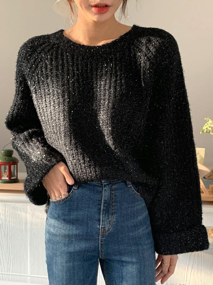 グリッターラウンドニット・全3色・b65746 レディース 【tops】韓国ファッション トップス ニット 大人 長袖 ラウンドネック グリッター 光沢 アンバランス スリット ロールアップ シンプル 体型カバー フェミニン カジュアル 高級感 秋 冬251