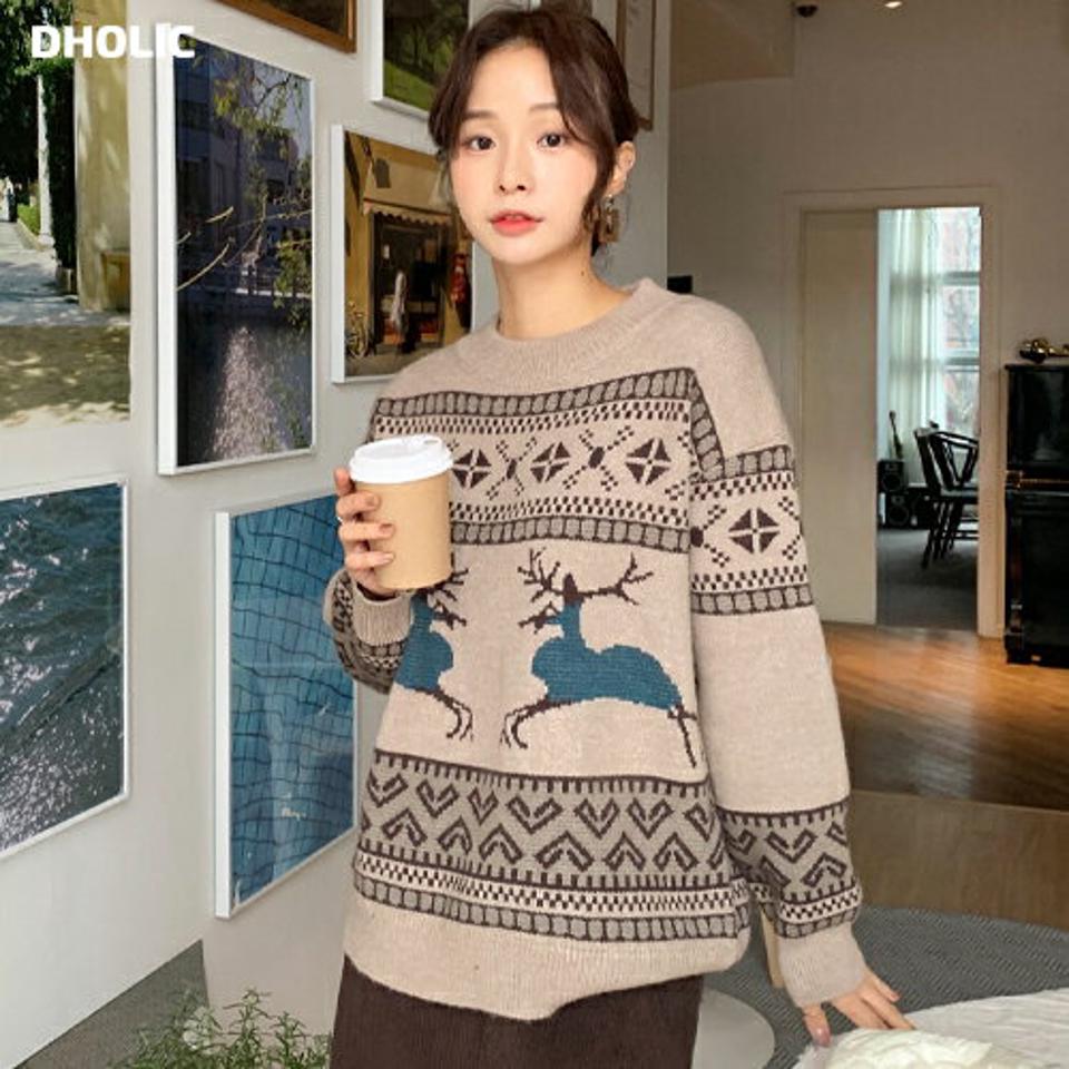 ノルディックニット・全3色・b65747 レディース 【tops】韓国ファッション トップス ニット 大人 長袖 ハーフネック ノルディック風 ドロップショルダー 柄ニット シンプル ルーズ 体型カバー フェミニン カジュアル 高級感 秋 冬
