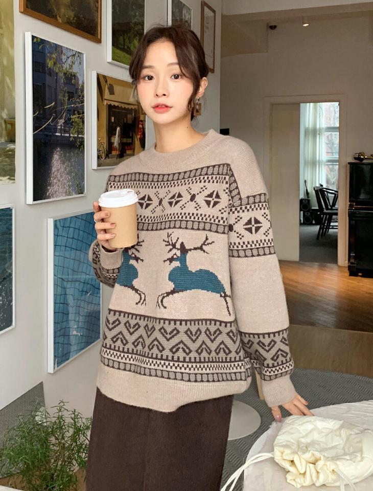 ノルディックニット・全3色・b65747 レディース 【tops】韓国ファッション トップス ニット 大人 長袖 ハーフネック ノルディック風 ドロップショルダー 柄ニット シンプル ルーズ 体型カバー フェミニン カジュアル 高級感 秋 冬
