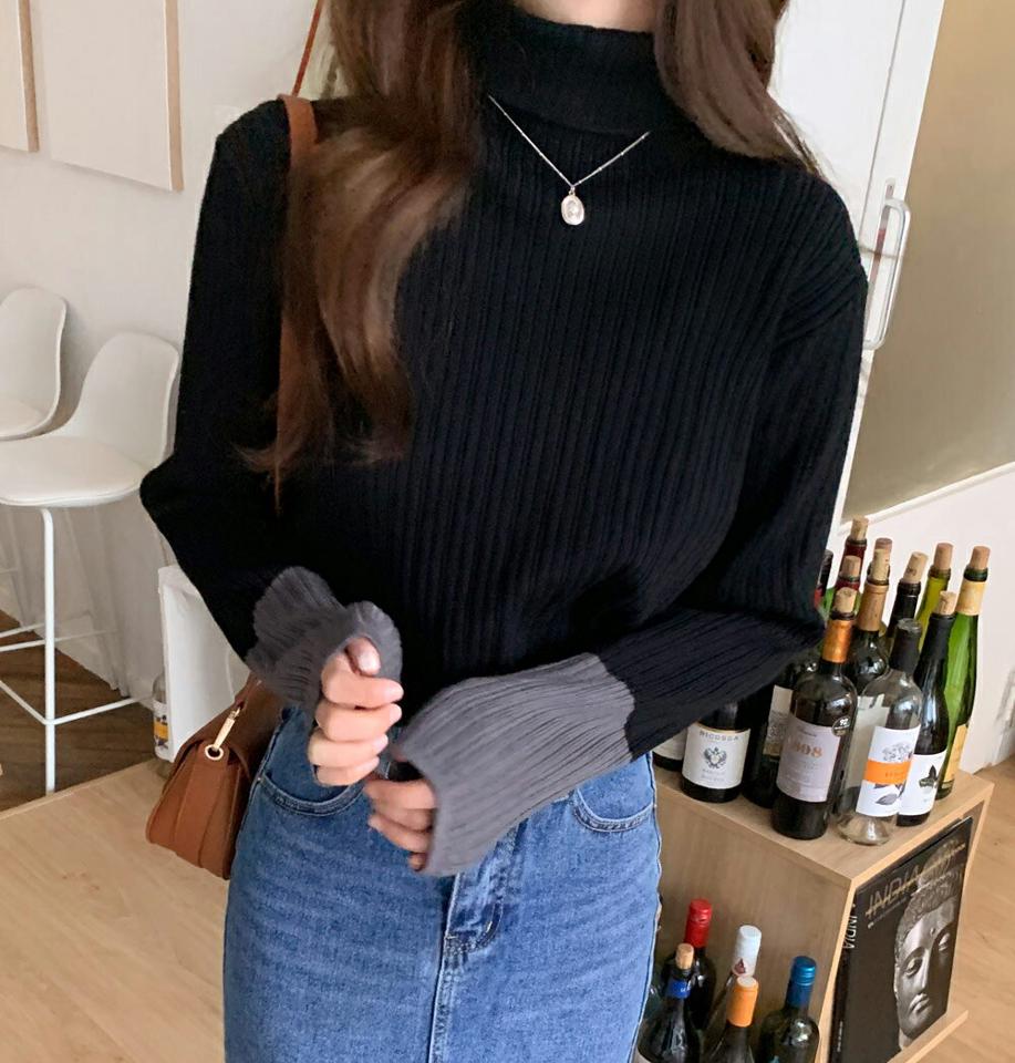 配色スリーブリブタートルネックニット・全3色・b65750 レディース 【tops】韓国ファッション トップス ニット 大人 長袖 タートルネック 配色 スリーブ リブ 無地 シンプル ユニーク ルーズ 体型カバー フェミニン カジュアル 高級感 秋 冬