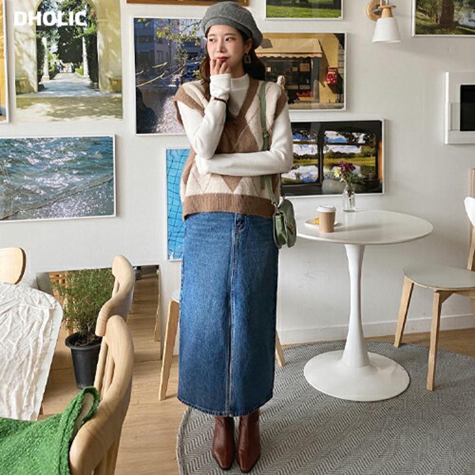 スリットデニムスカート・全1色・t65766 レディース 【sk】韓国ファッション ボトムス スカート ロング ロングスカート スリット デニムスカート Iライン ベーシック シンプル 大人 カジュアル フェミニン 体型カバー 秋 冬