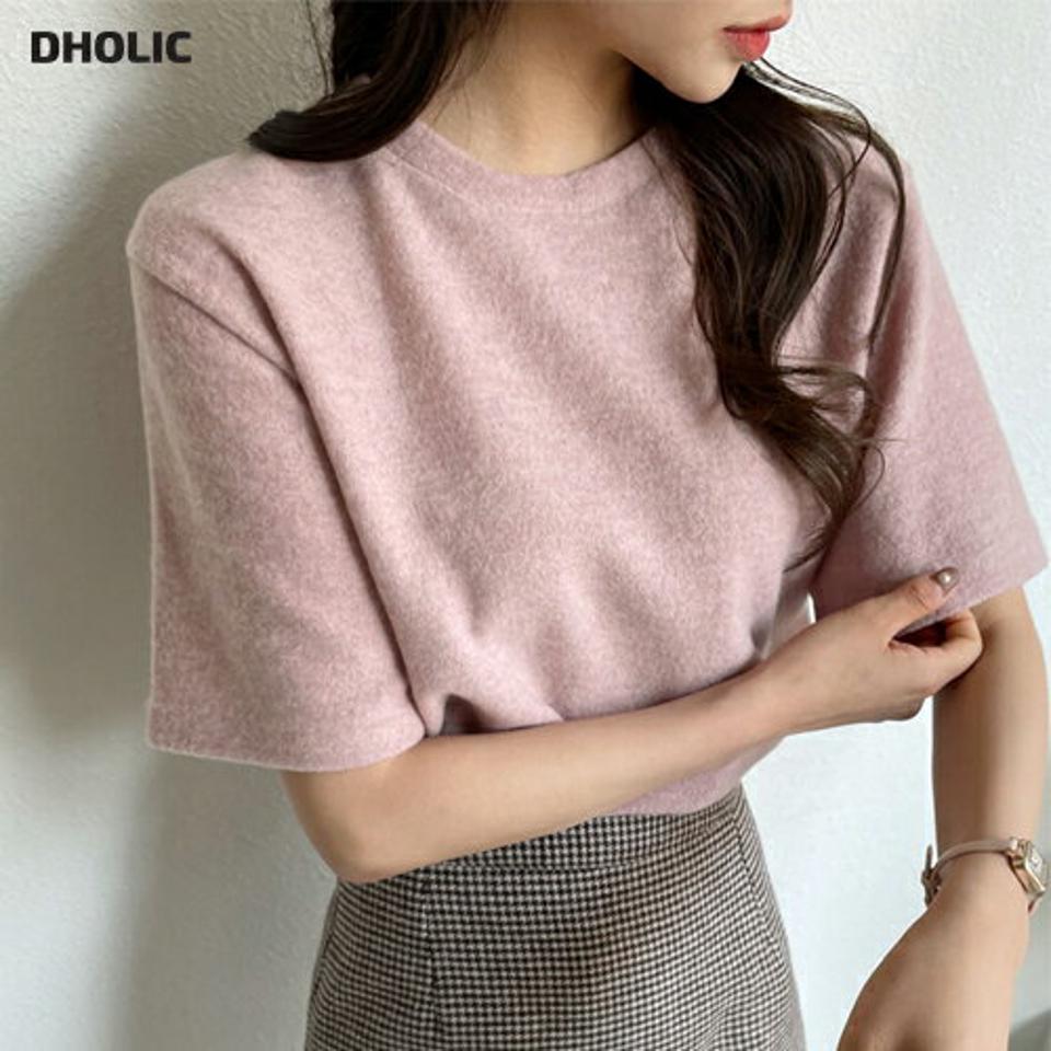 起毛ラウンドネック半袖Tシャツ・全6色・b01587 レディース 【tops】韓国ファッション トップス Tシャツ 半袖 ラウンドネック 起毛 ソフトタッチ ハーフスリーブ 異素材 ルーズ 無地 シンプル フェミニン ガーリー カジュアル 秋 冬 NIJU