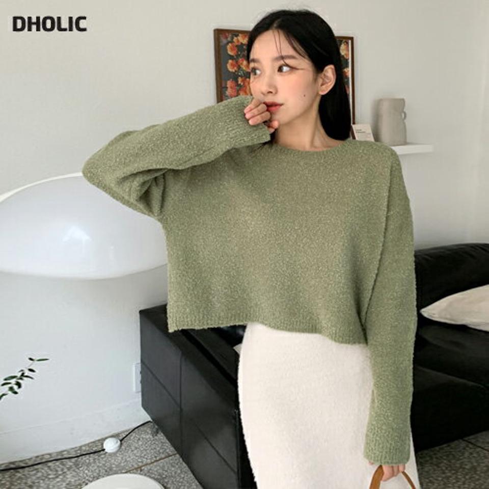 クロップドブークレニット・全5色・t01591 レディース 【tops】韓国ファッション トップス ニット 長袖 ラウンドネック クロップド丈 ブークレ ウール混 カラーニット アルパカ混 フェミニン 無地 シンプル ルーズ ガーリー カジュアル 秋 冬 NIJU
