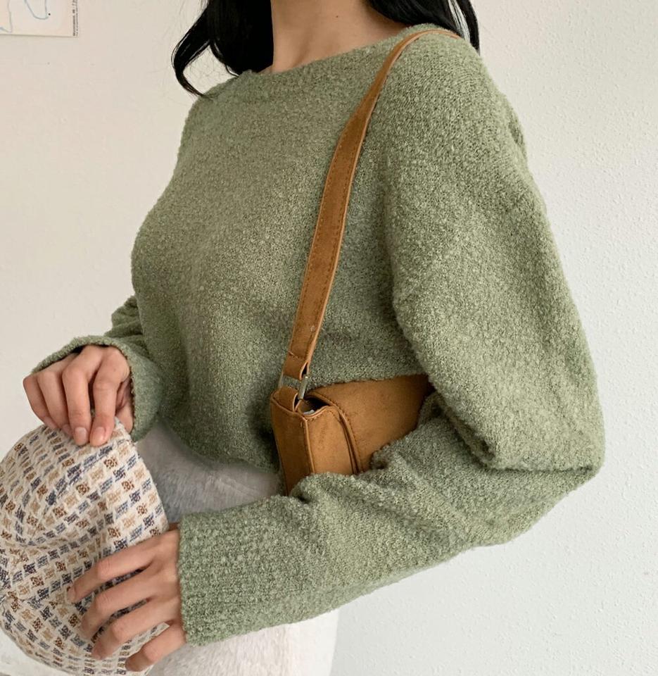 クロップドブークレニット・全5色・t01591 レディース 【tops】韓国ファッション トップス ニット 長袖 ラウンドネック クロップド丈 ブークレ ウール混 カラーニット アルパカ混 フェミニン 無地 シンプル ルーズ ガーリー カジュアル 秋 冬 NIJU
