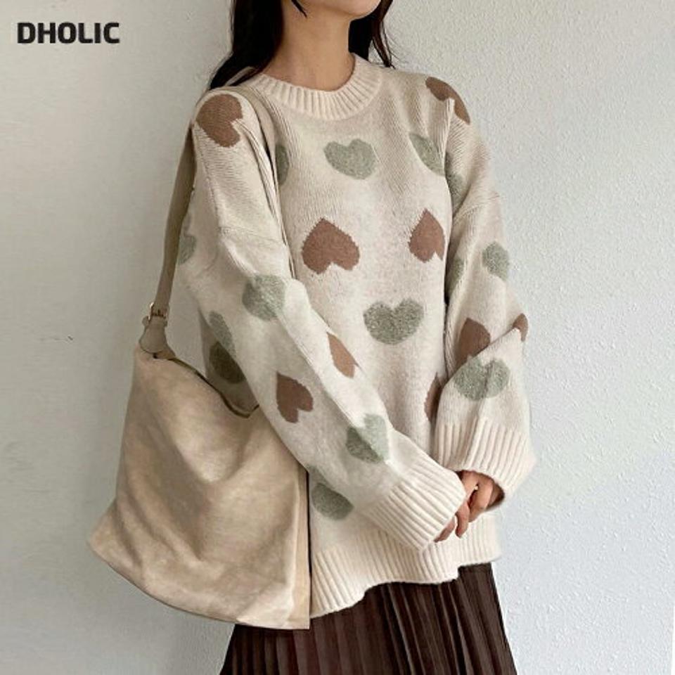 【只今10%OFF】ハートパターンロングニット・全4色・b01607 レディース 【tops】韓国ファッション トップス ニット 長袖 ラウンドネック ハートパターン 柄ニット ルーズ ドロップショルダー ロング丈 シンプル ルーズ デイリー ガーリー 秋 冬 NIJU【ニットセール】