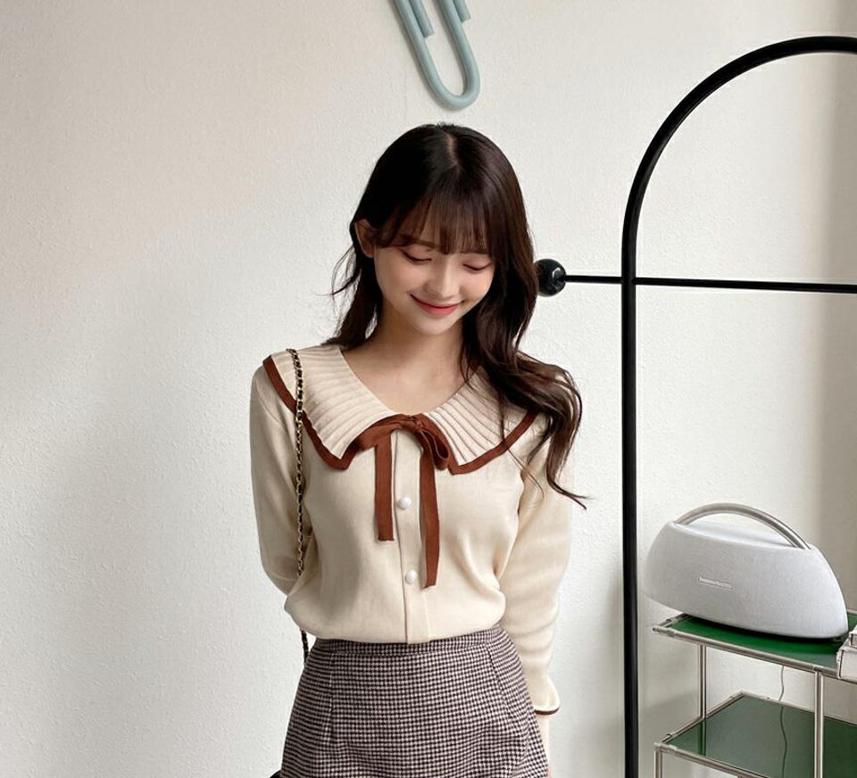 プリーツカラーリボンニット・全4色・t01608 レディース 【tops】韓国ファッション トップス ニット 長袖 Vネック プリーツ カラー リボン 配色 フェミニン シンプル ルーズ デイリー ガーリー カジュアル 秋 冬 NIJU