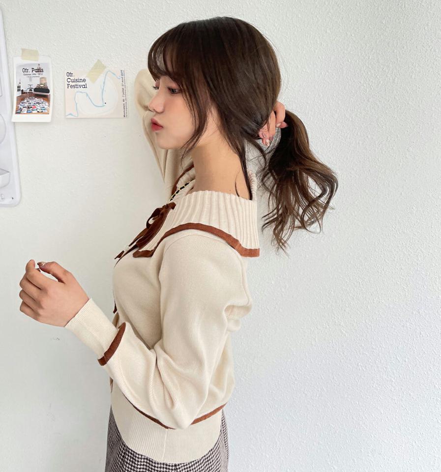 プリーツカラーリボンニット・全4色・t01608 レディース 【tops】韓国ファッション トップス ニット 長袖 Vネック プリーツ カラー リボン 配色 フェミニン シンプル ルーズ デイリー ガーリー カジュアル 秋 冬 NIJU
