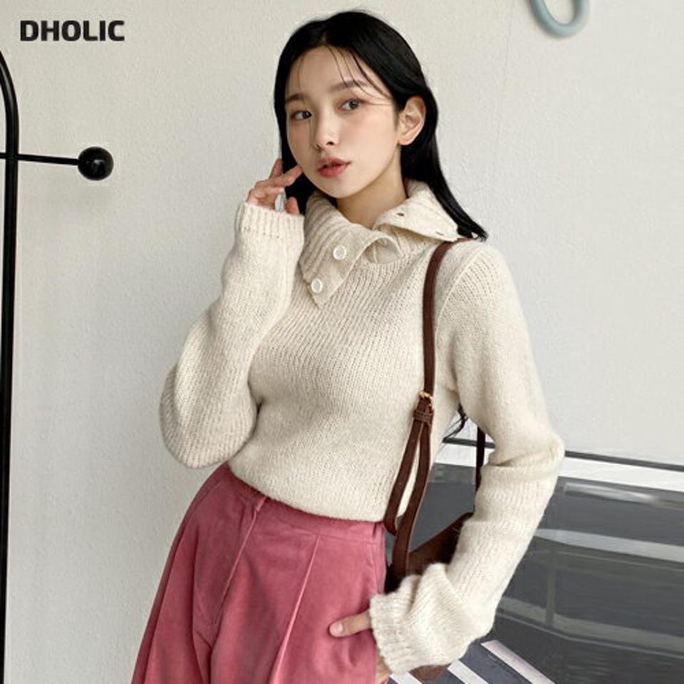 2WAYネックボタンニット・全4色・b01594 レディース 【tops】韓国ファッション トップス ニット 長袖 タートルネック カラーネック 2WAY ネックボタン ウール混 アルパカ混 フェミニン 無地 シンプル ルーズ デイリー ガーリー 骨格ウェーブ 秋 冬 NIJU