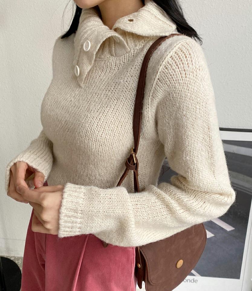2WAYネックボタンニット・全4色・b01594 レディース 【tops】韓国ファッション トップス ニット 長袖 タートルネック カラーネック 2WAY ネックボタン ウール混 アルパカ混 フェミニン 無地 シンプル ルーズ デイリー ガーリー 骨格ウェーブ 秋 冬 NIJU