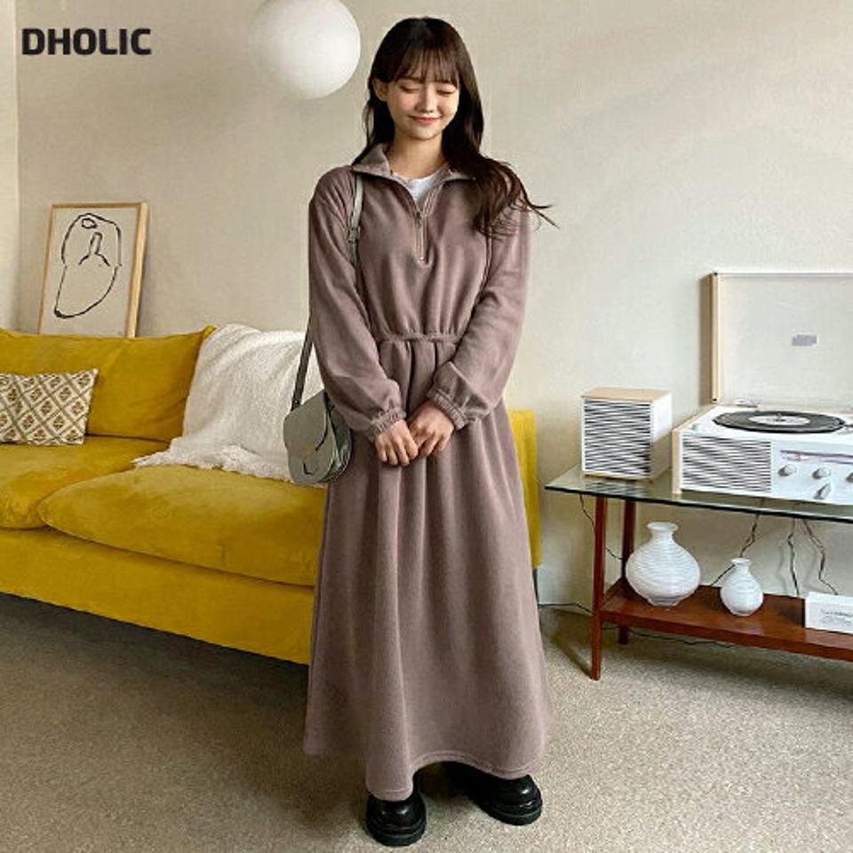 裏起毛ハーフジップロングワンピース・全3色・b01610 レディース 【ops】韓国ファッション ワンピース ロング ロングワンピース 長袖 ハイネック 裏起毛 ハーフジップ ワンマイルウェア ロング丈 無地 シンプル 体型カバー カジュアル 秋 冬 NIJU