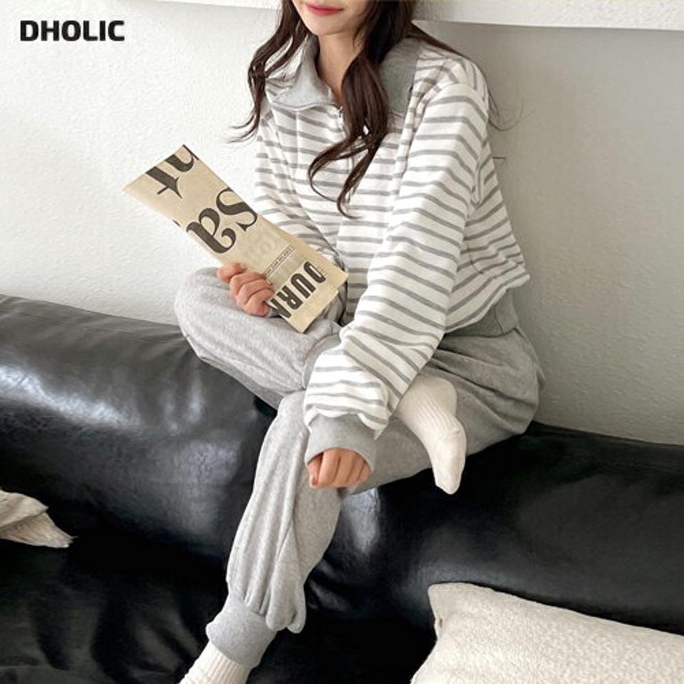 裏起毛ボーダーハーフジップスウェット&ジョガーパンツSET・全2色・b01604 レディース 【pt】韓国ファッション ボトムス パンツ スウェット セットアップ 長袖 裏起毛 ボーダー ハーフジップ ジョガーパンツ シンプル 体型カバー カジュアル 秋 冬 NIJU