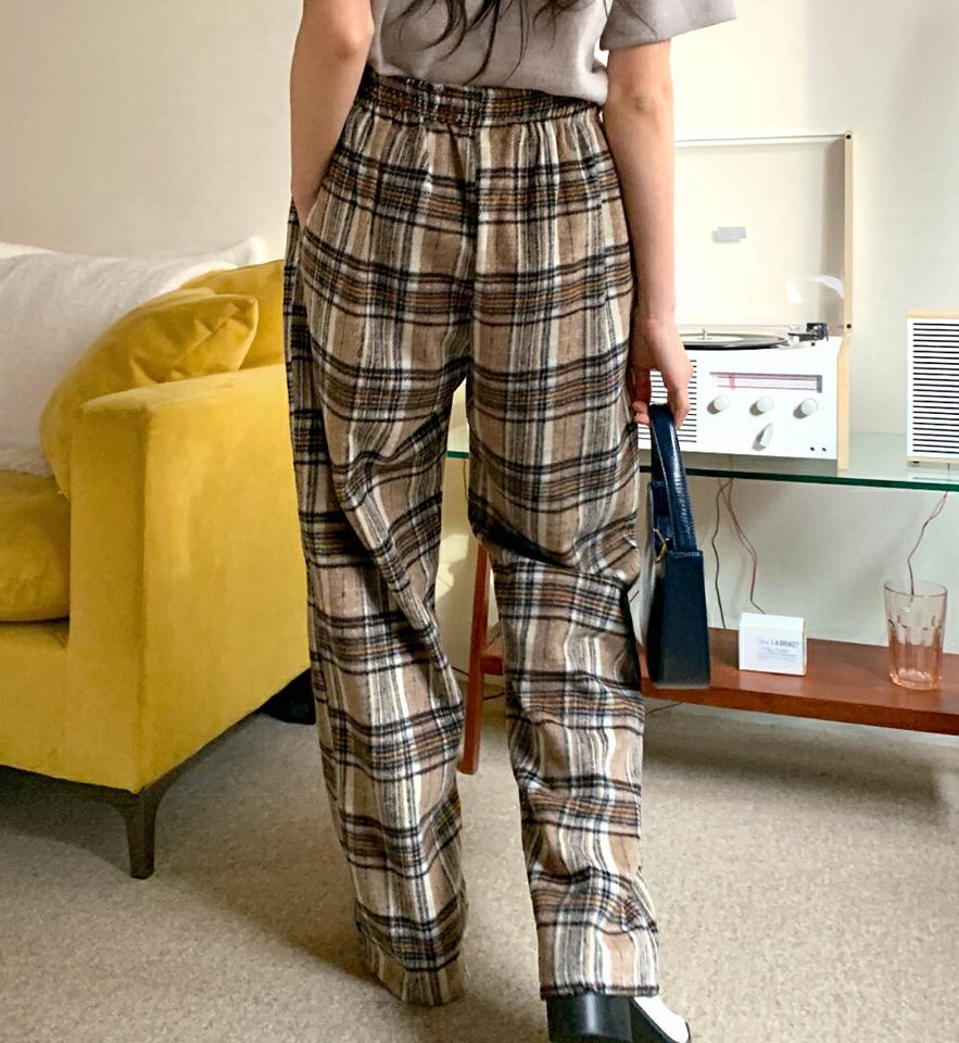 タータンチェックワイドパンツ・全3色・a01583 レディース 【pt】韓国ファッション ボトムス パンツ ロング ロングパンツ タータンチェック 配色 ウエストゴム ワイドパンツ シンプル 足長 体型カバー カジュアル 秋 冬 NIJU