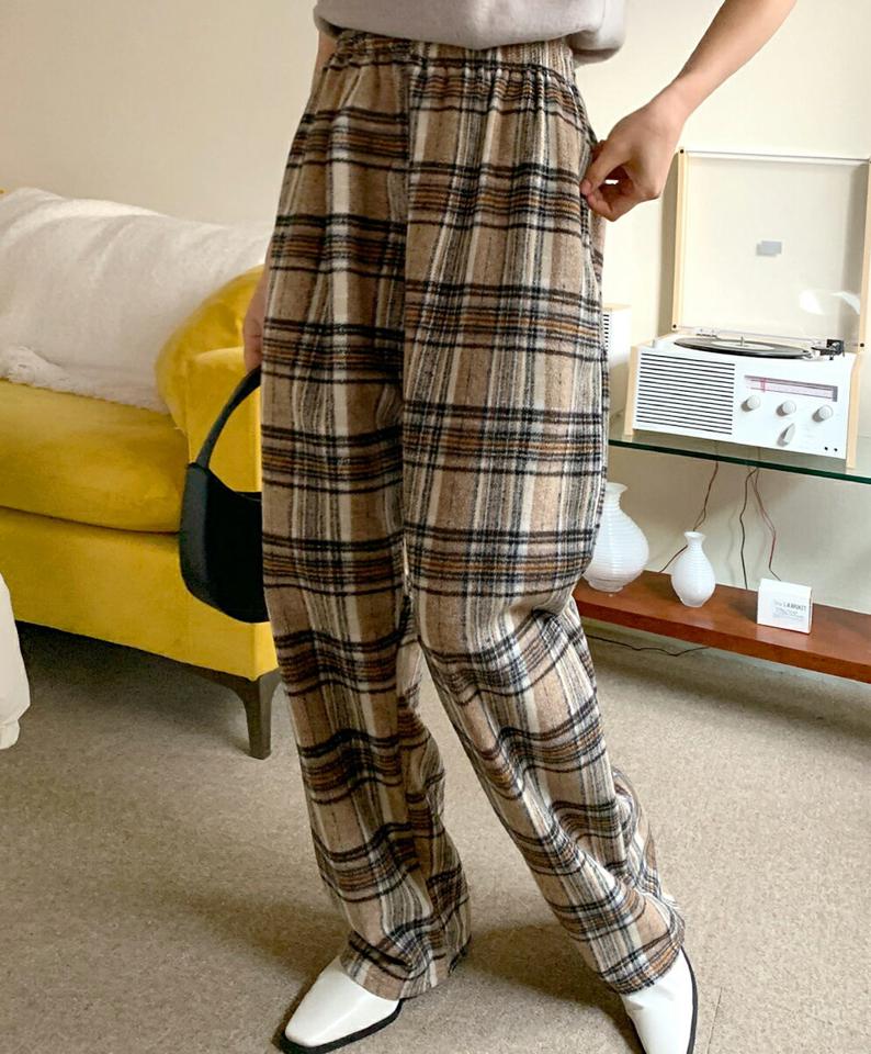 タータンチェックワイドパンツ・全3色・a01583 レディース 【pt】韓国ファッション ボトムス パンツ ロング ロングパンツ タータンチェック 配色 ウエストゴム ワイドパンツ シンプル 足長 体型カバー カジュアル 秋 冬 NIJU