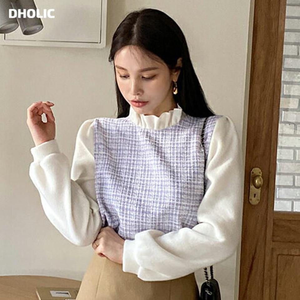 起毛ツイードフリルネックブラウス・全3色・t71210 レディース 【bl】トップス ブラウス 長袖 ツイード フリルネック 襟 起毛 チェック柄 きれいめ 大人 襟コン 上品 パフスリーブ パフ袖 秋 冬 韓国ファッション ハイホリHIHOLLI