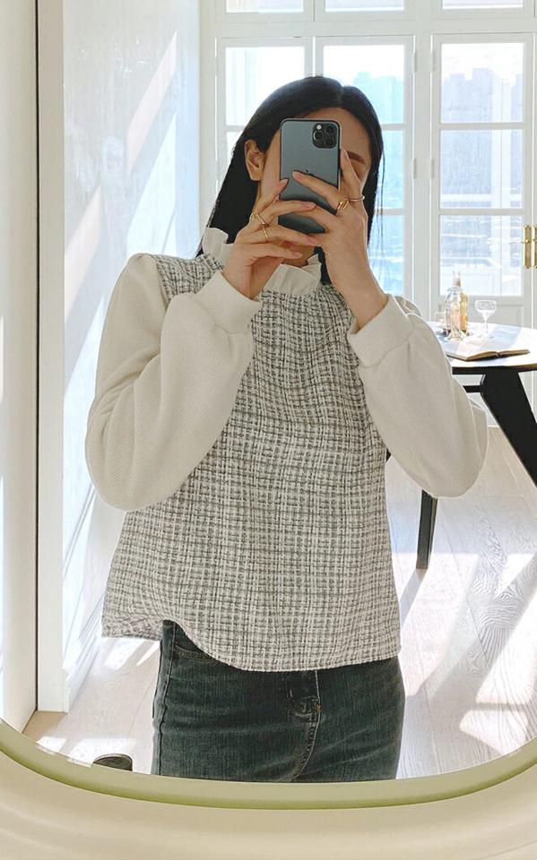 起毛ツイードフリルネックブラウス・全3色・t71210 レディース 【bl】トップス ブラウス 長袖 ツイード フリルネック 襟 起毛 チェック柄 きれいめ 大人 襟コン 上品 パフスリーブ パフ袖 秋 冬 韓国ファッション ハイホリHIHOLLI