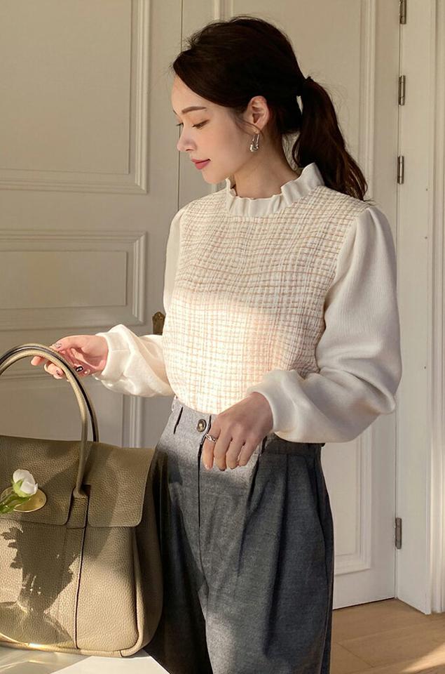 起毛ツイードフリルネックブラウス・全3色・t71210 レディース 【bl】トップス ブラウス 長袖 ツイード フリルネック 襟 起毛 チェック柄 きれいめ 大人 襟コン 上品 パフスリーブ パフ袖 秋 冬 韓国ファッション ハイホリHIHOLLI