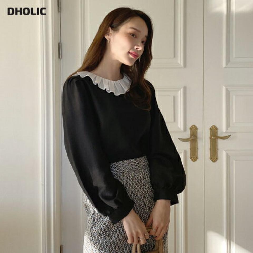 2WAYラウンドフリルカラーブラウス・全1色・t71212 レディース 【bl】トップス ブラウス 長袖 フリルネック フリル 襟 前後着用自由 フェミニン ゴールドボタン 襟コン パフスリーブ パフ袖 大人 かわいい 可愛い 秋 冬 韓国ファッション ハイホリHIHOLLI