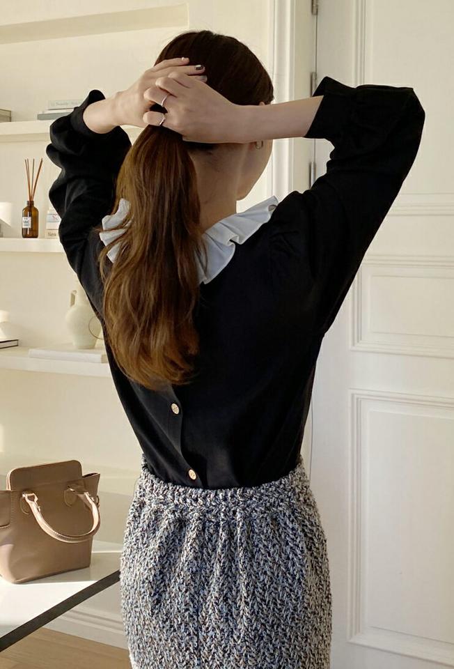 2WAYラウンドフリルカラーブラウス・全1色・t71212 レディース 【bl】トップス ブラウス 長袖 フリルネック フリル 襟 前後着用自由 フェミニン ゴールドボタン 襟コン パフスリーブ パフ袖 大人 かわいい 可愛い 秋 冬 韓国ファッション ハイホリHIHOLLI